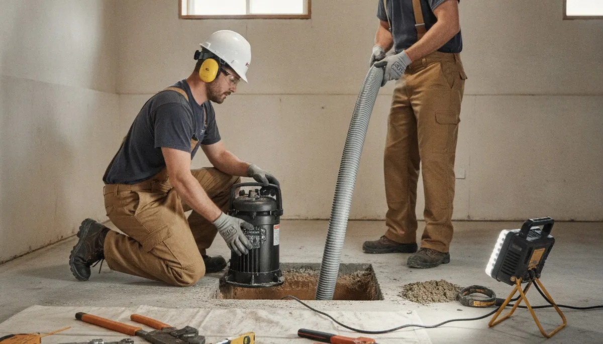 Ogden, UT plumber installing sump pump to protect basement from spring snowmelt and moisture